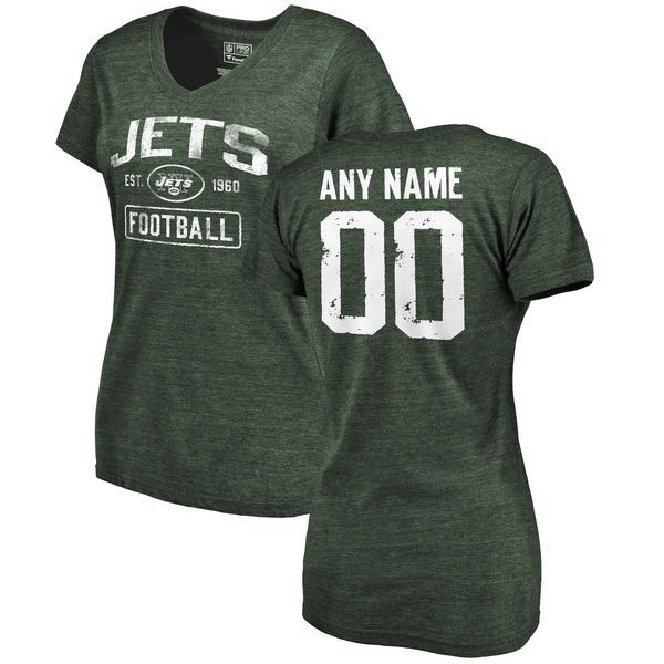 Women Green New York Jets Distressed Custom Name and Number Tri-Blend V-Neck NFL T-Shirt->nfl t-shirts->Sports Accessory